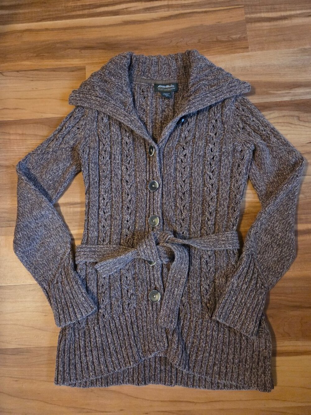 Eddie Bauer Brown Cotton Collared Cable Knit Sweater Cardigan Size XS